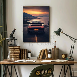 Sleek Sports Car Coastal Road Adventure Artistic Poster PosterGoat