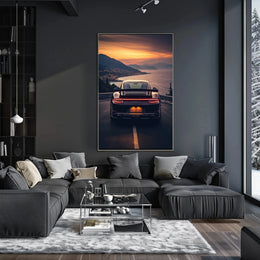 Sleek Sports Car Coastal Road Adventure Artistic Poster PosterGoat