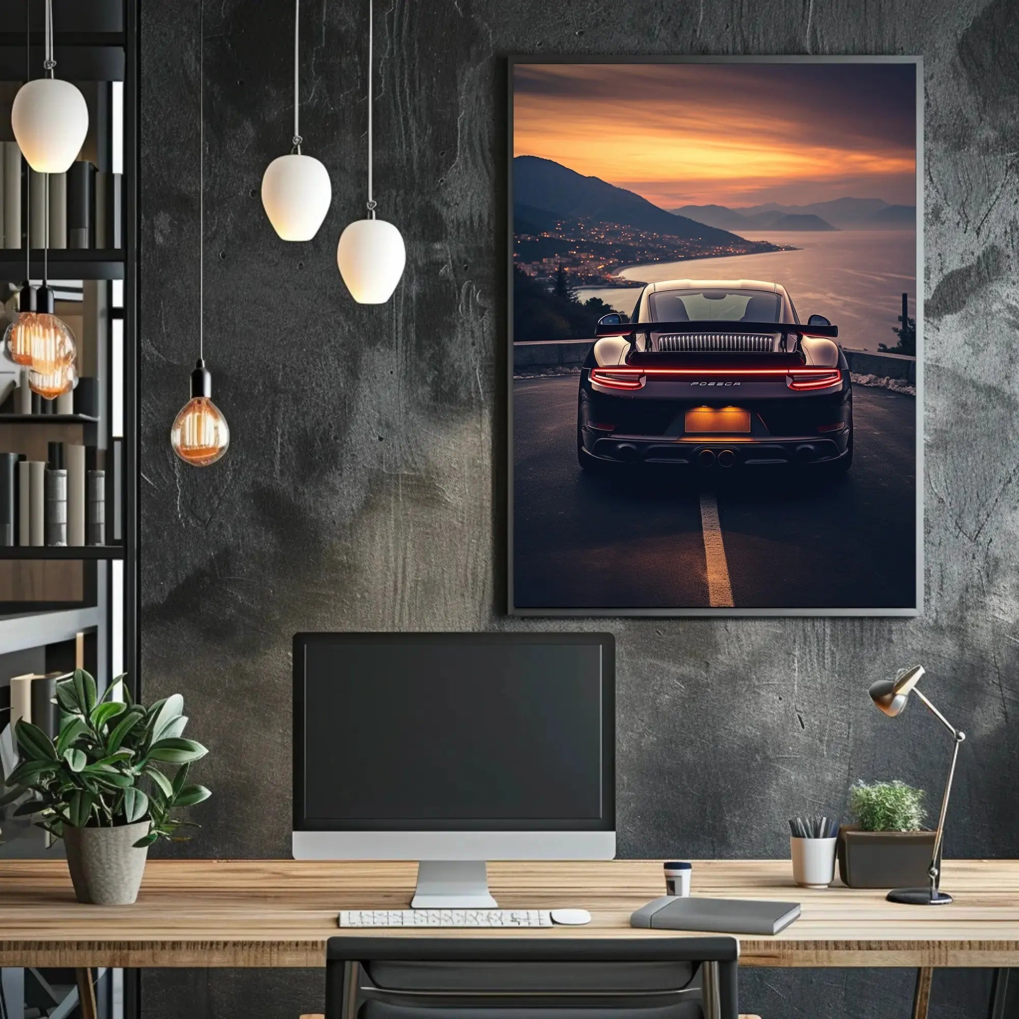 Sleek Sports Car Coastal Road Adventure Artistic Poster PosterGoat