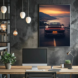 Sleek Sports Car Coastal Road Adventure Artistic Poster PosterGoat