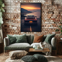 Sleek Sports Car Coastal Road Adventure Artistic Poster PosterGoat