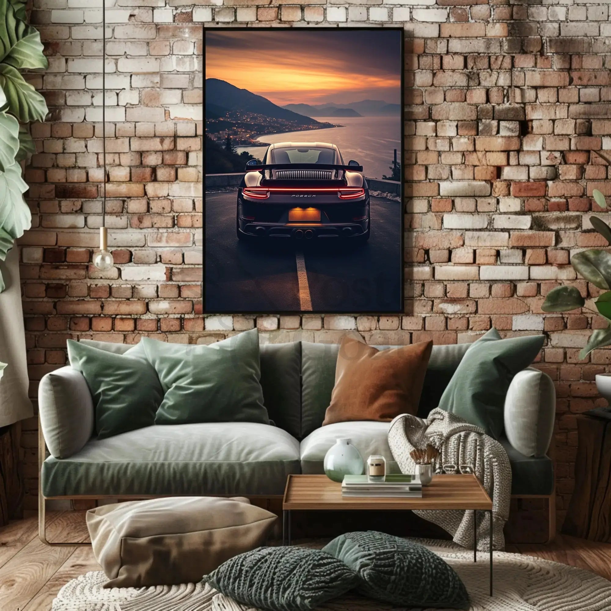 Sleek Sports Car Coastal Road Adventure Artistic Poster PosterGoat