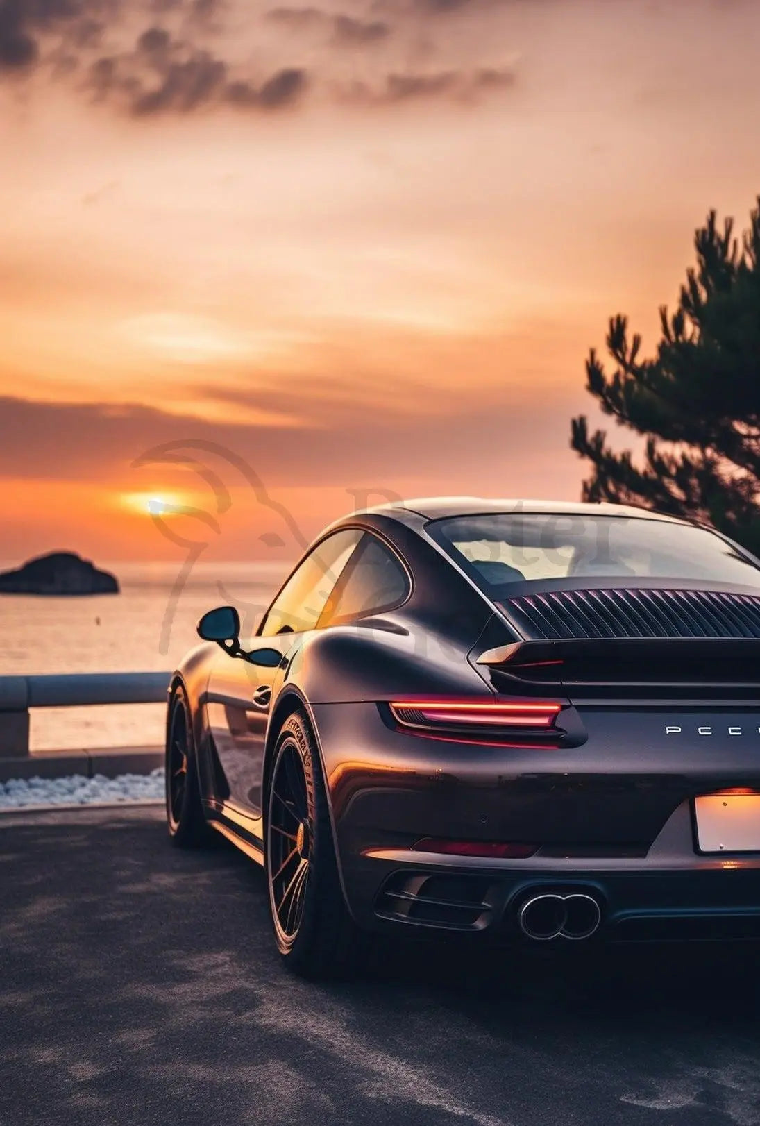 Sleek Sports Car by Coastal Sunset Travel Poster PosterGoat