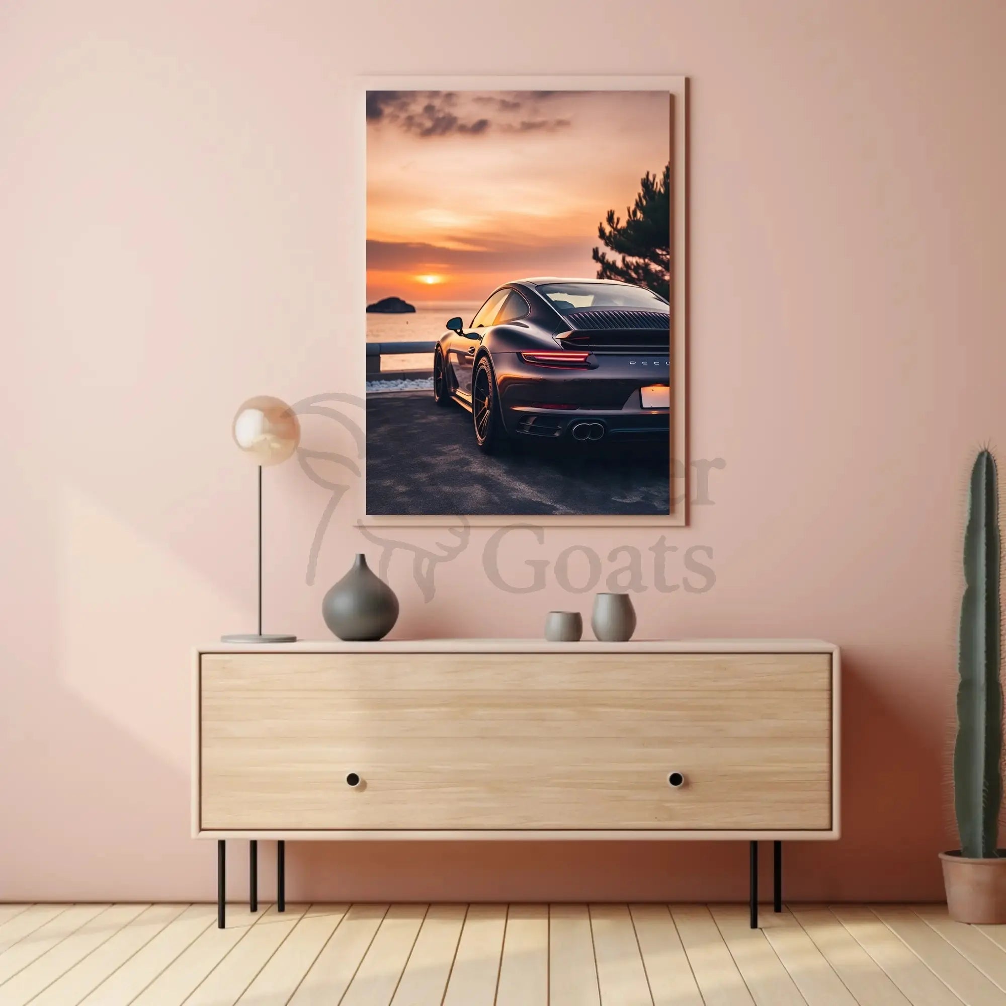 Sleek Sports Car by Coastal Sunset Travel Poster PosterGoat