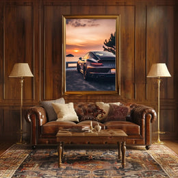 Sleek Sports Car by Coastal Sunset Travel Poster PosterGoat