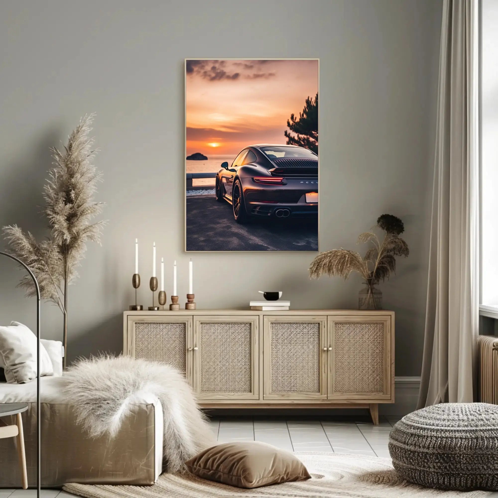 Sleek Sports Car by Coastal Sunset Travel Poster PosterGoat