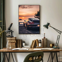 Sleek Sports Car by Coastal Sunset Travel Poster PosterGoat