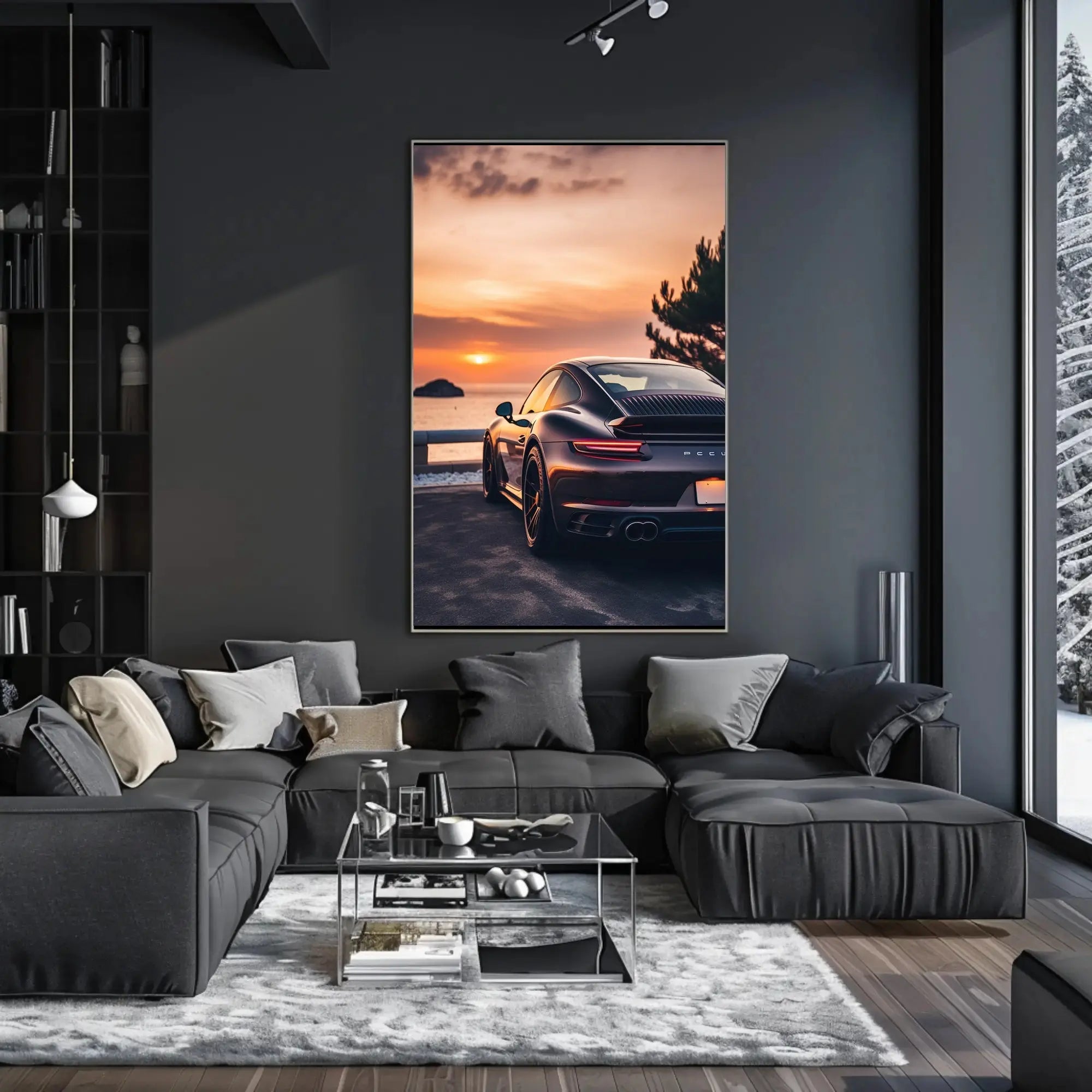 Sleek Sports Car by Coastal Sunset Travel Poster PosterGoat