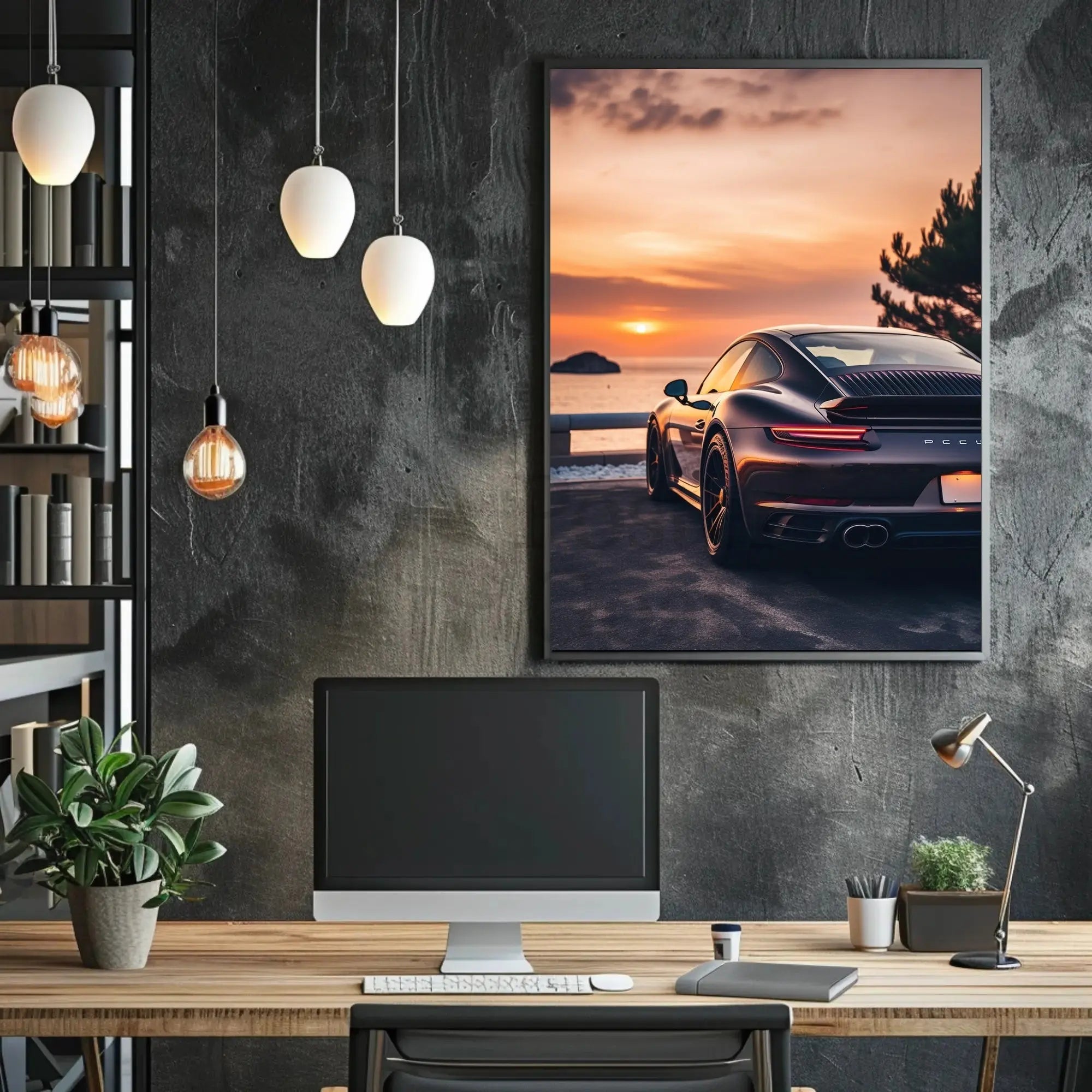 Sleek Sports Car by Coastal Sunset Travel Poster PosterGoat