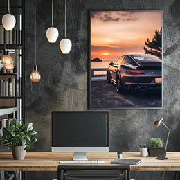 Sleek Sports Car by Coastal Sunset Travel Poster PosterGoat