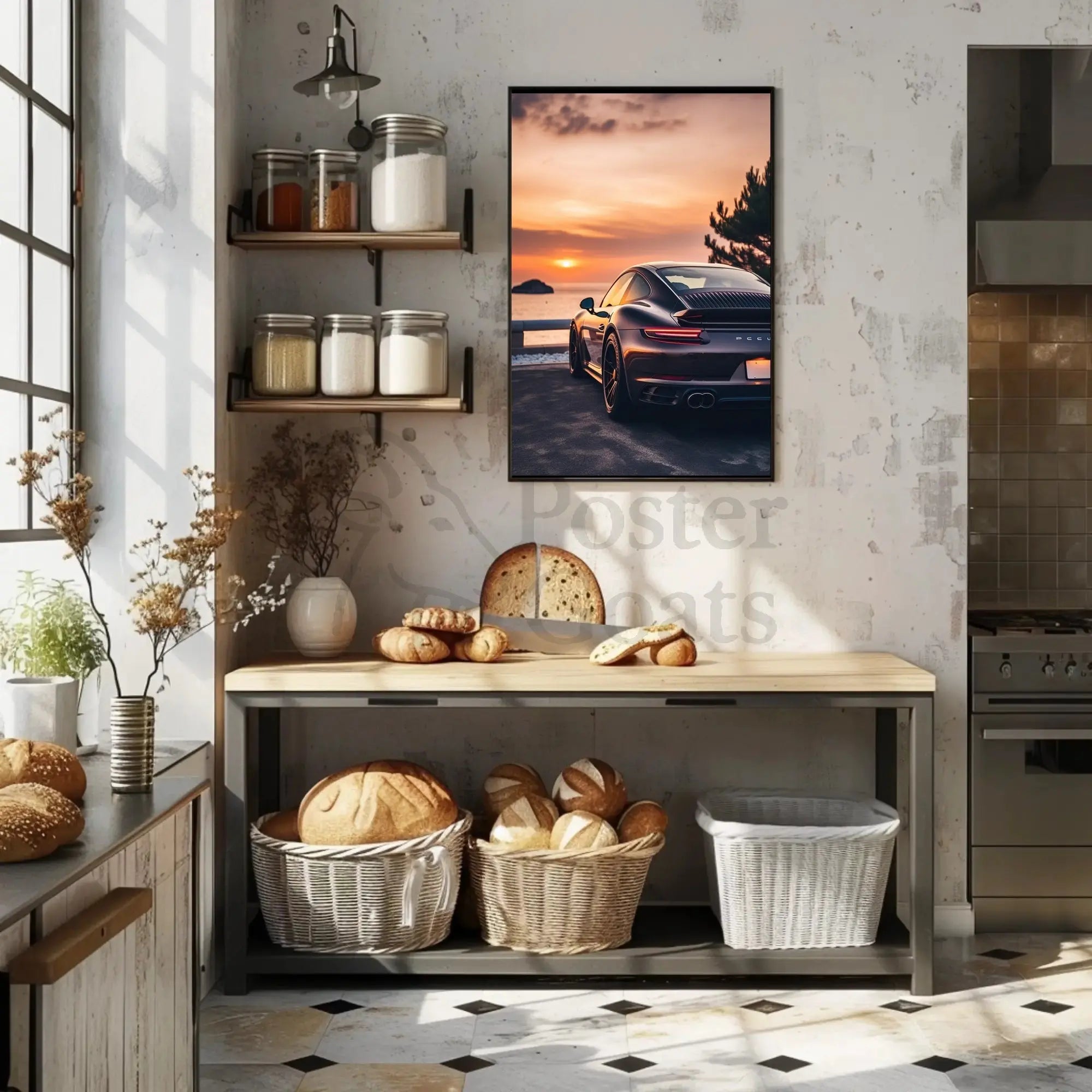 Sleek Sports Car by Coastal Sunset Travel Poster PosterGoat