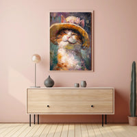 Smiling Cat with Straw Hat Animal Poster PosterGoat