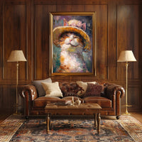 Smiling Cat with Straw Hat Animal Poster PosterGoat