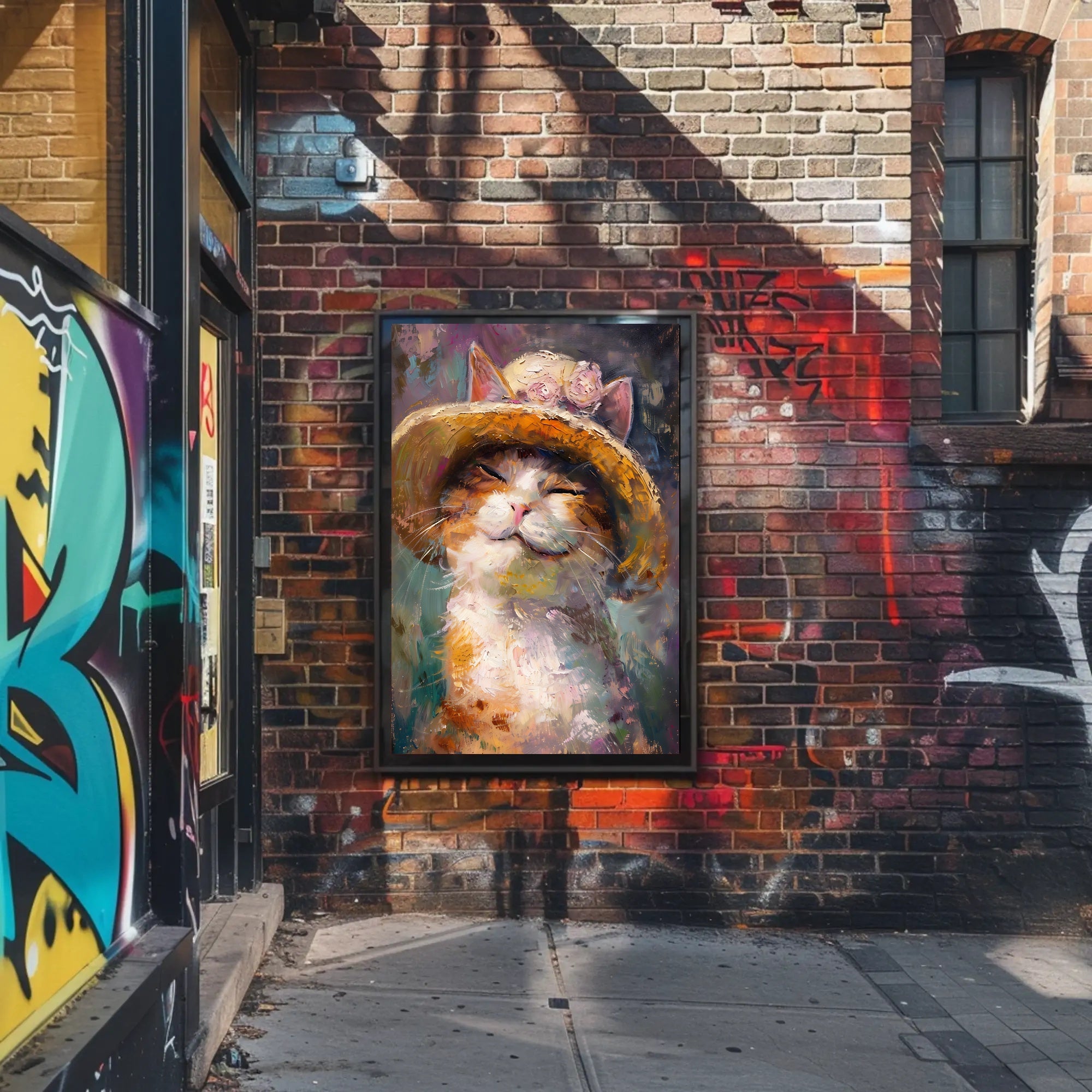 Smiling Cat with Straw Hat Animal Poster PosterGoat