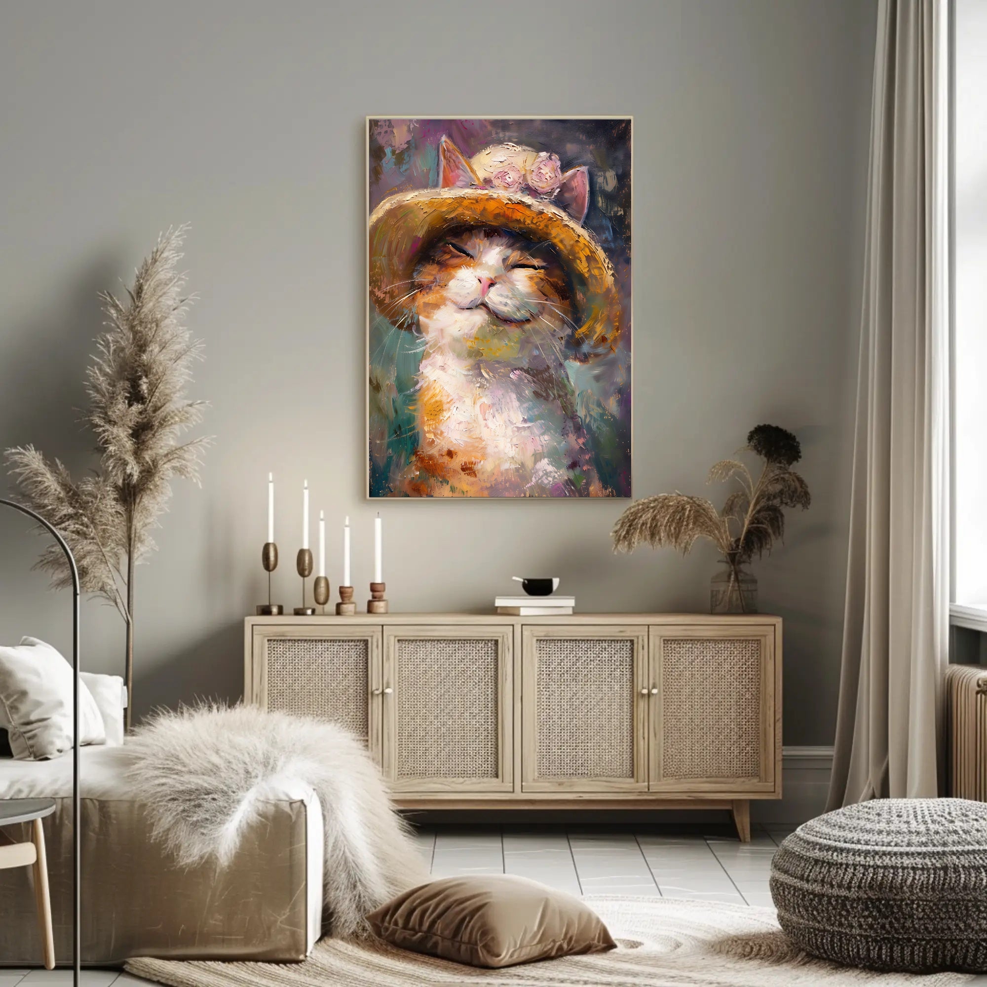 Smiling Cat with Straw Hat Animal Poster PosterGoat