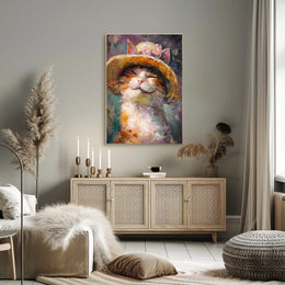 Smiling Cat with Straw Hat Animal Poster PosterGoat