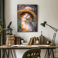 Smiling Cat with Straw Hat Animal Poster PosterGoat