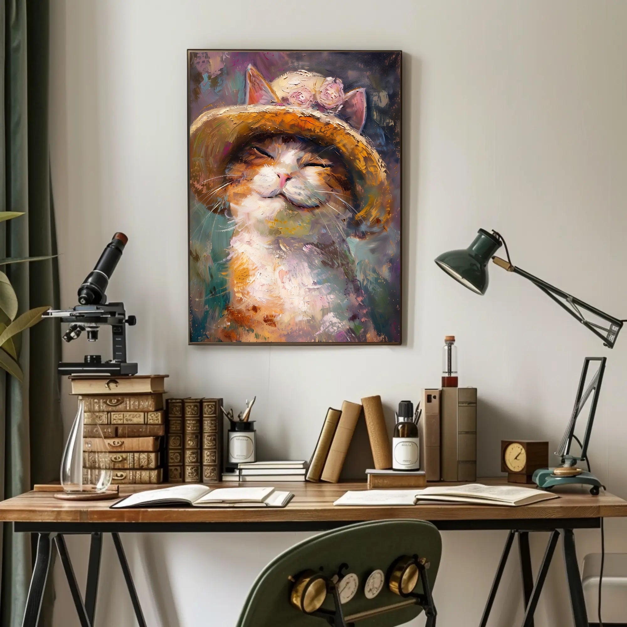 Smiling Cat with Straw Hat Animal Poster PosterGoat