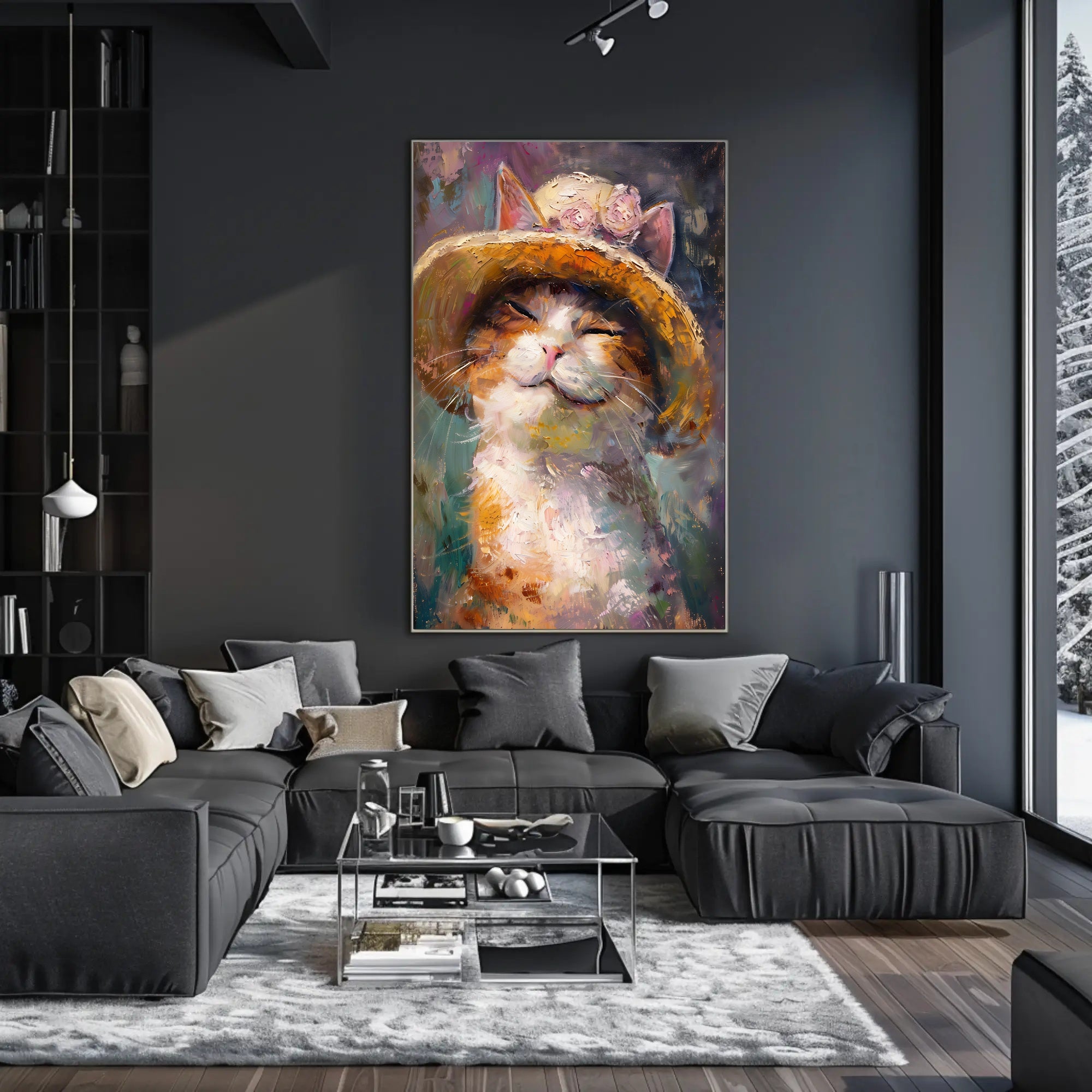 Smiling Cat with Straw Hat Animal Poster PosterGoat