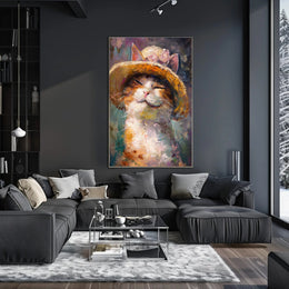 Smiling Cat with Straw Hat Animal Poster PosterGoat
