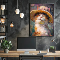 Smiling Cat with Straw Hat Animal Poster PosterGoat