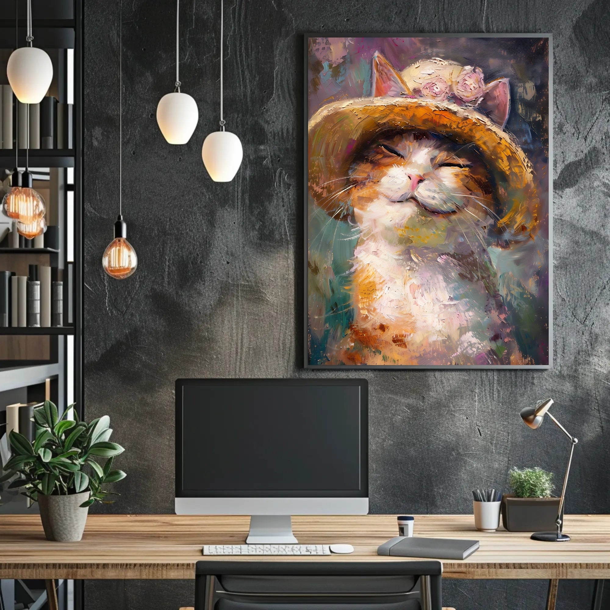 Smiling Cat with Straw Hat Animal Poster PosterGoat