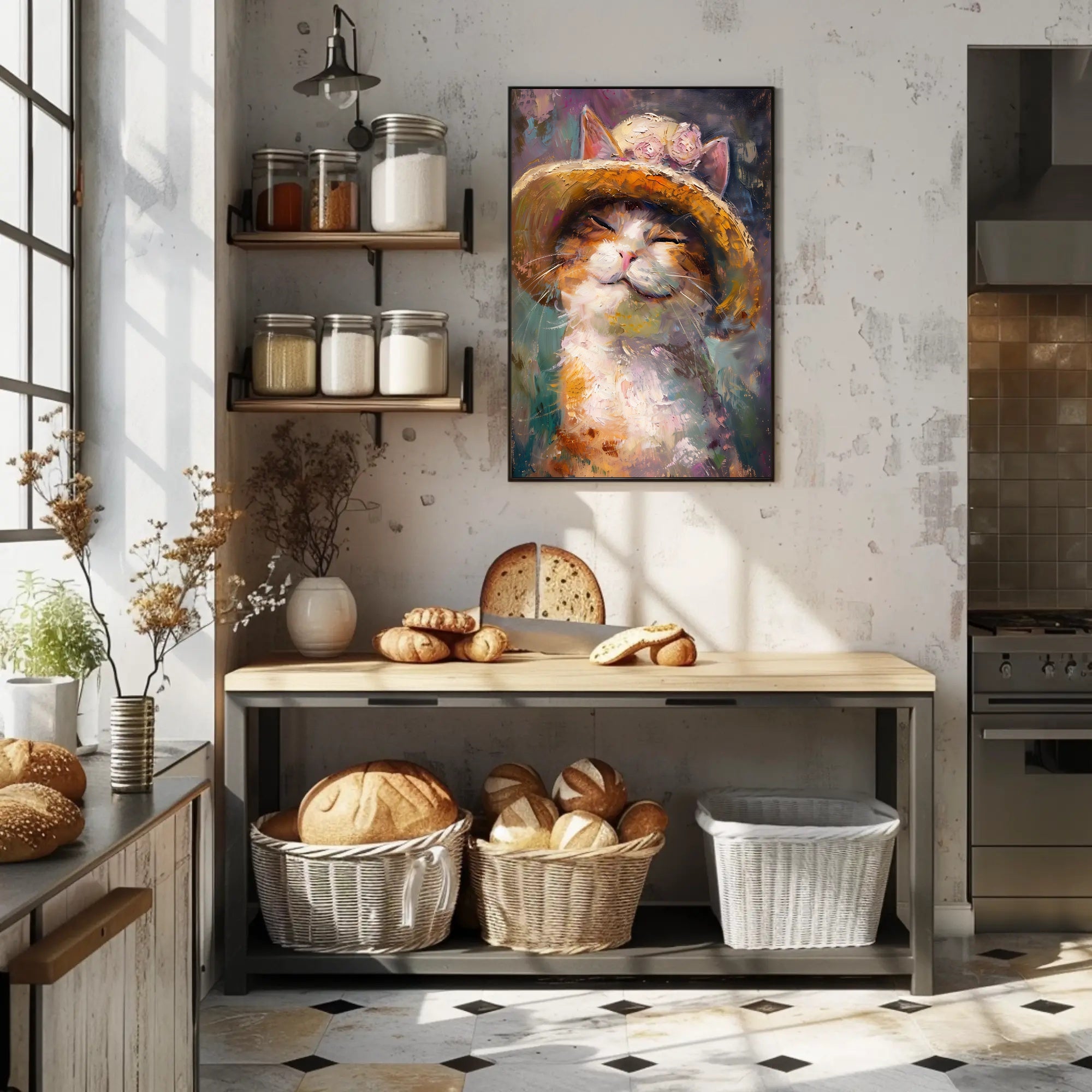 Smiling Cat with Straw Hat Animal Poster PosterGoat