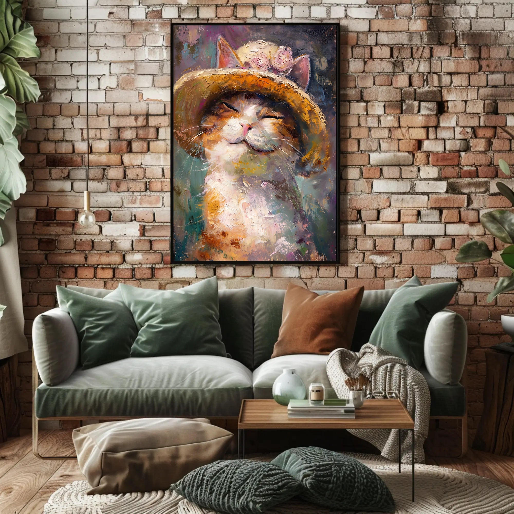 Smiling Cat with Straw Hat Animal Poster PosterGoat
