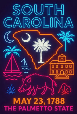 South Carolina Neon Retro Coastal Vibes Cultural Heritage Poster PosterGoat