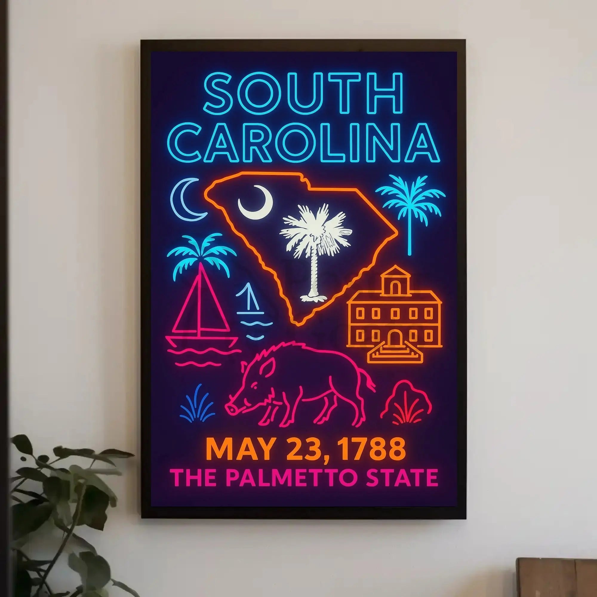 South Carolina Neon Retro Coastal Vibes Cultural Heritage Poster PosterGoat