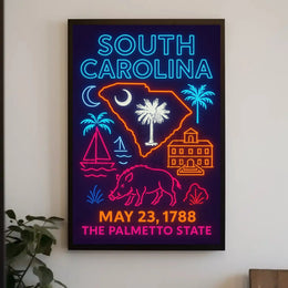 South Carolina Neon Retro Coastal Vibes Cultural Heritage Poster PosterGoat