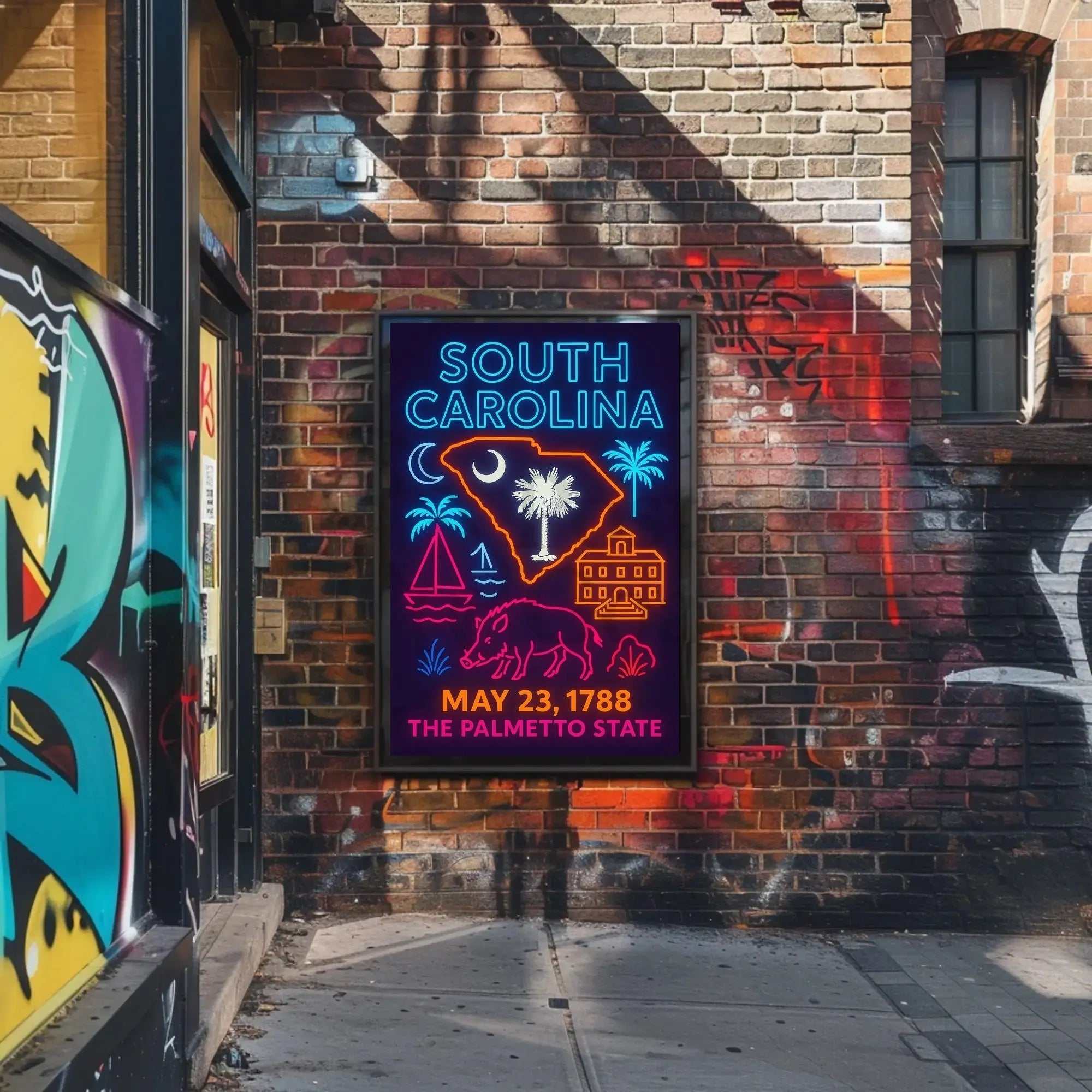 South Carolina Neon Retro Coastal Vibes Cultural Heritage Poster PosterGoat