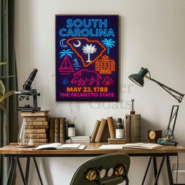 South Carolina Neon Retro Coastal Vibes Cultural Heritage Poster PosterGoat