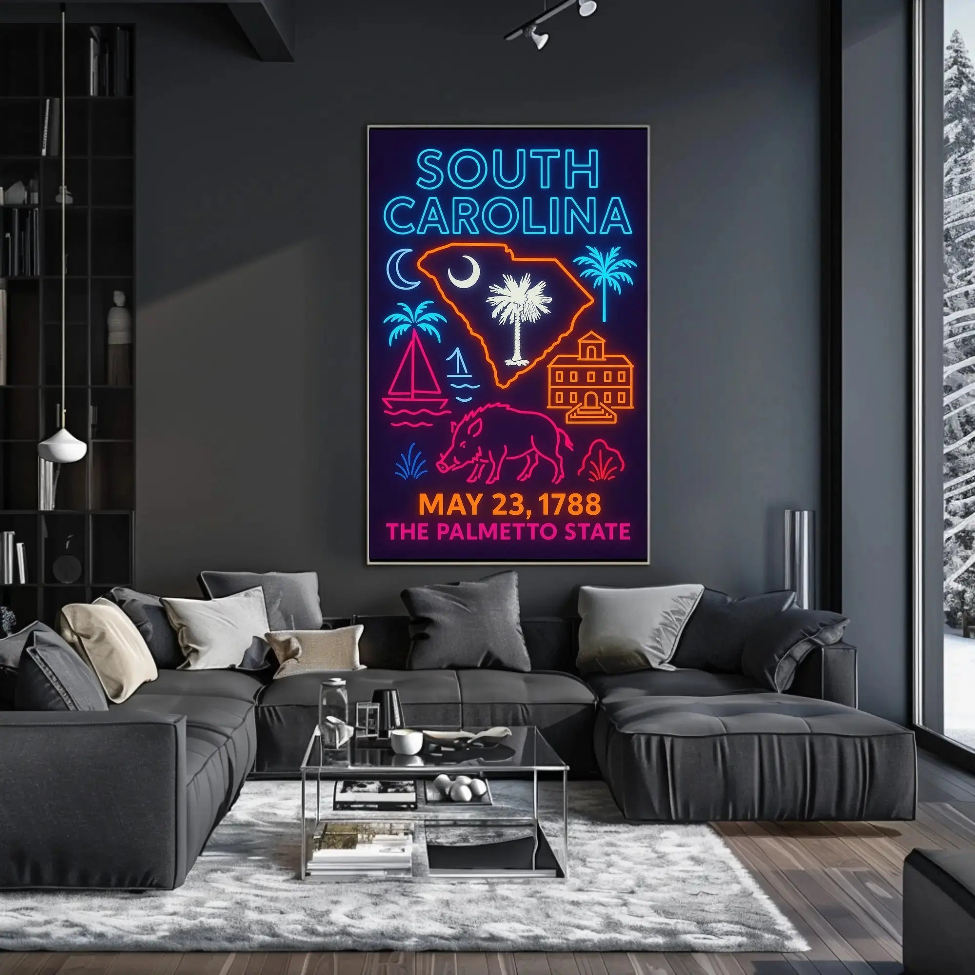 South Carolina Neon Retro Coastal Vibes Cultural Heritage Poster PosterGoat
