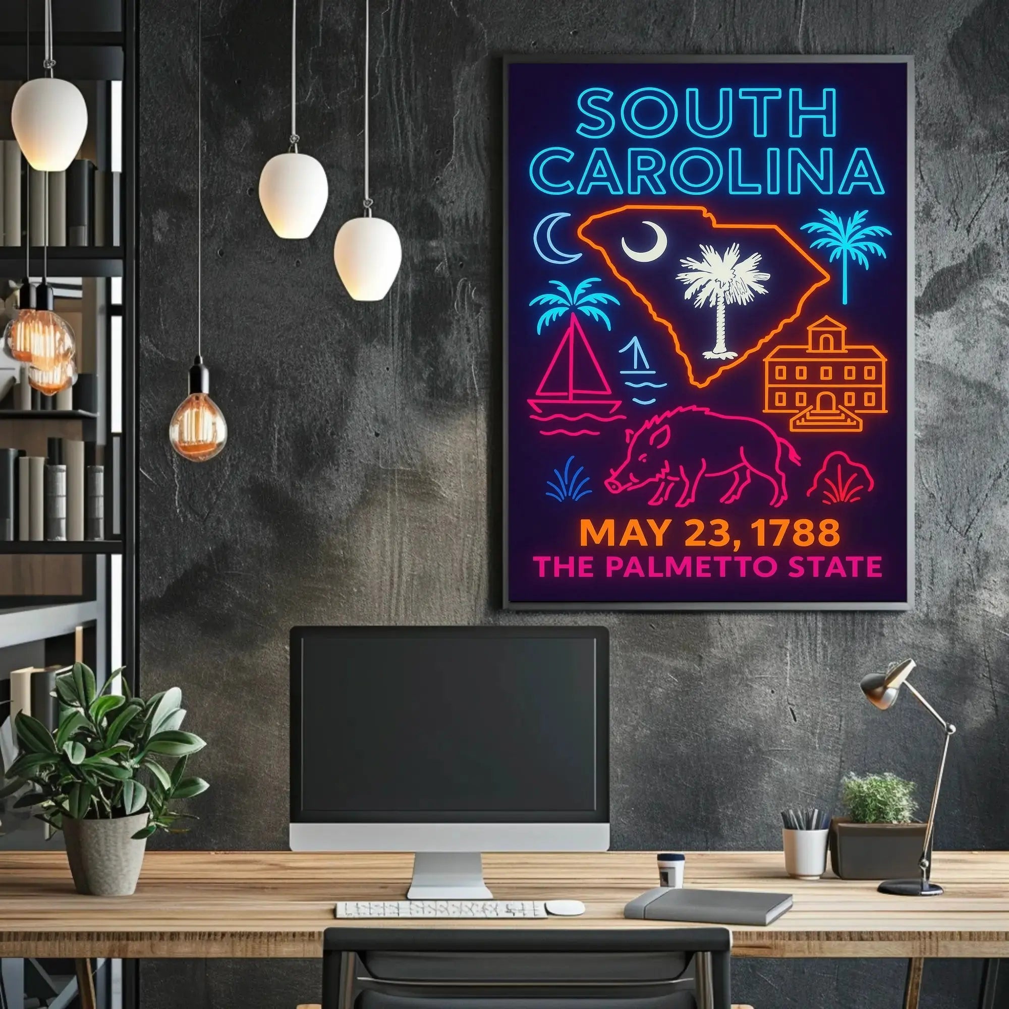 South Carolina Neon Retro Coastal Vibes Cultural Heritage Poster PosterGoat