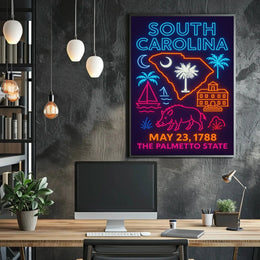 South Carolina Neon Retro Coastal Vibes Cultural Heritage Poster PosterGoat