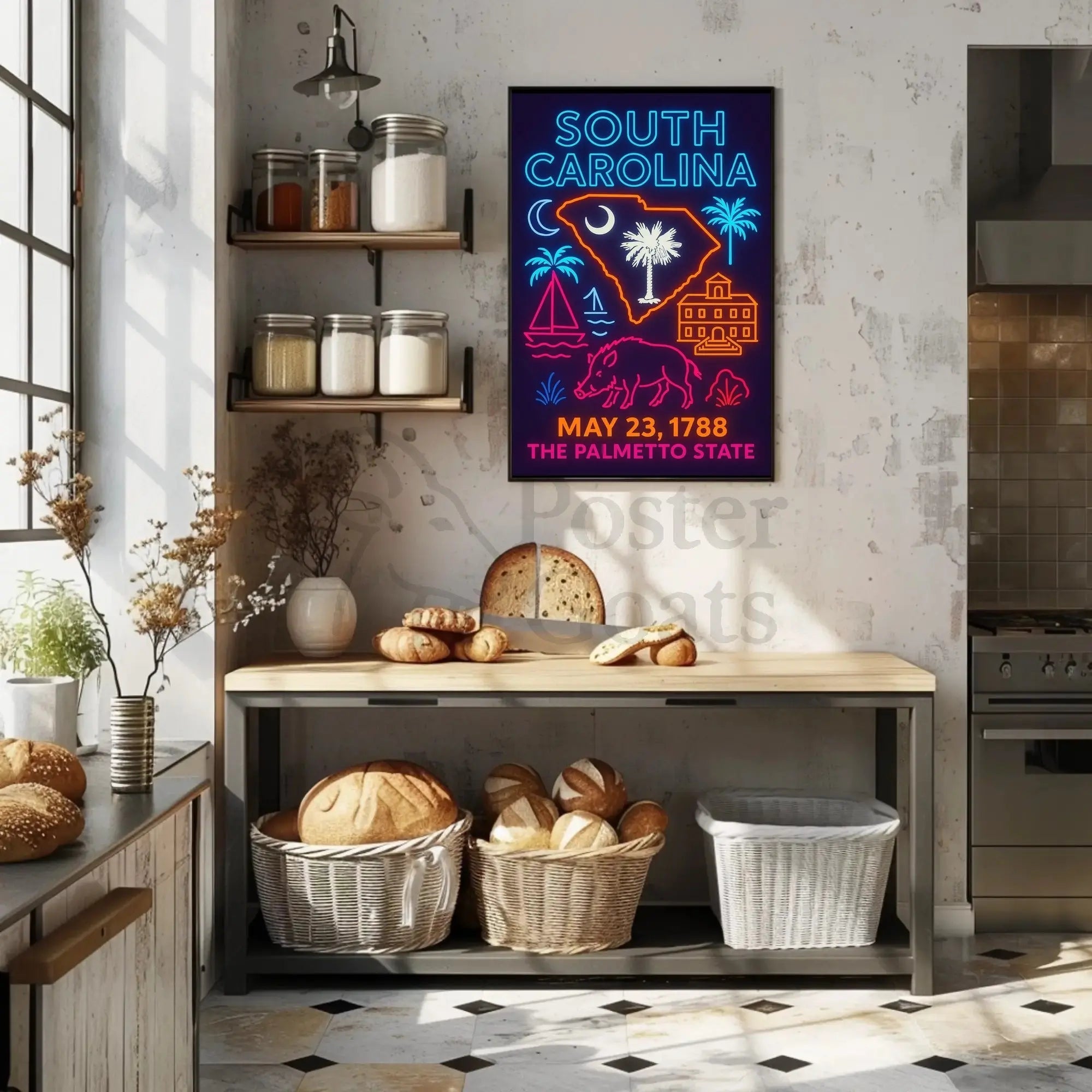 South Carolina Neon Retro Coastal Vibes Cultural Heritage Poster PosterGoat