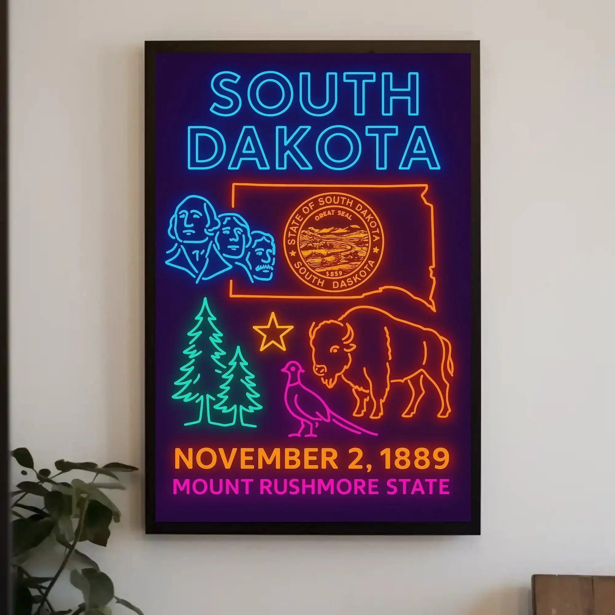 South Dakota Statehood Celebration Vintage Neon Heritage Poster PosterGoat
