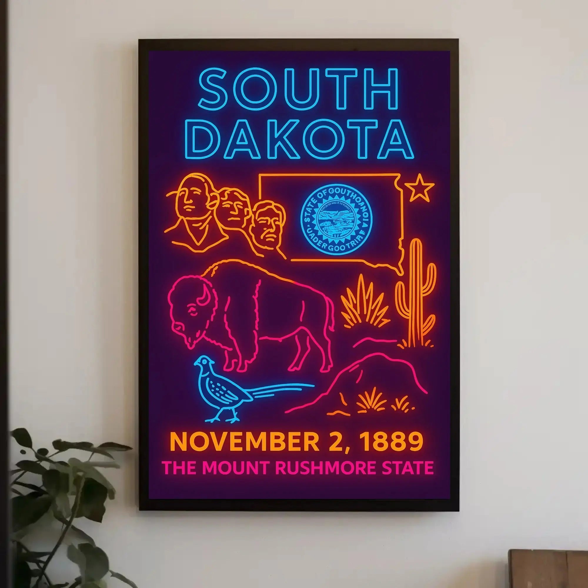 South Dakota Vibrant Retro Neon Sign Travel Poster PosterGoat