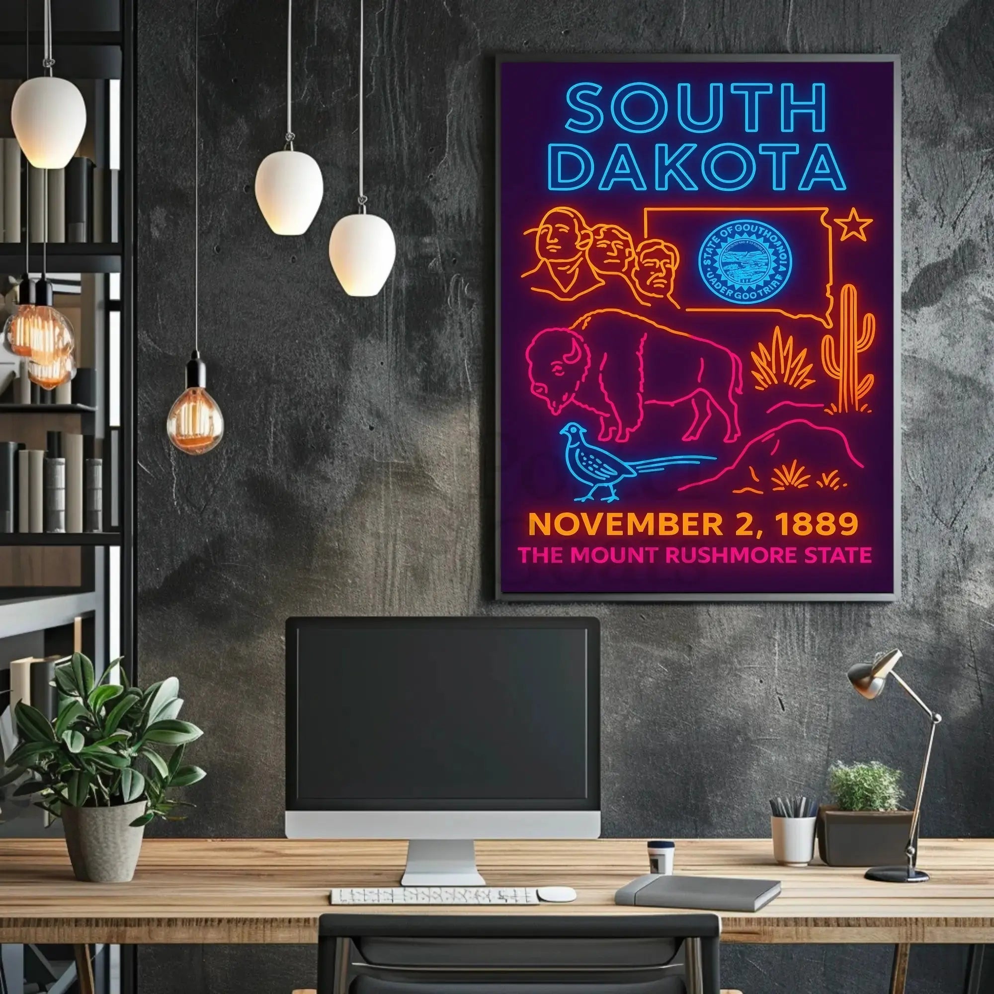 South Dakota Vibrant Retro Neon Sign Travel Poster PosterGoat