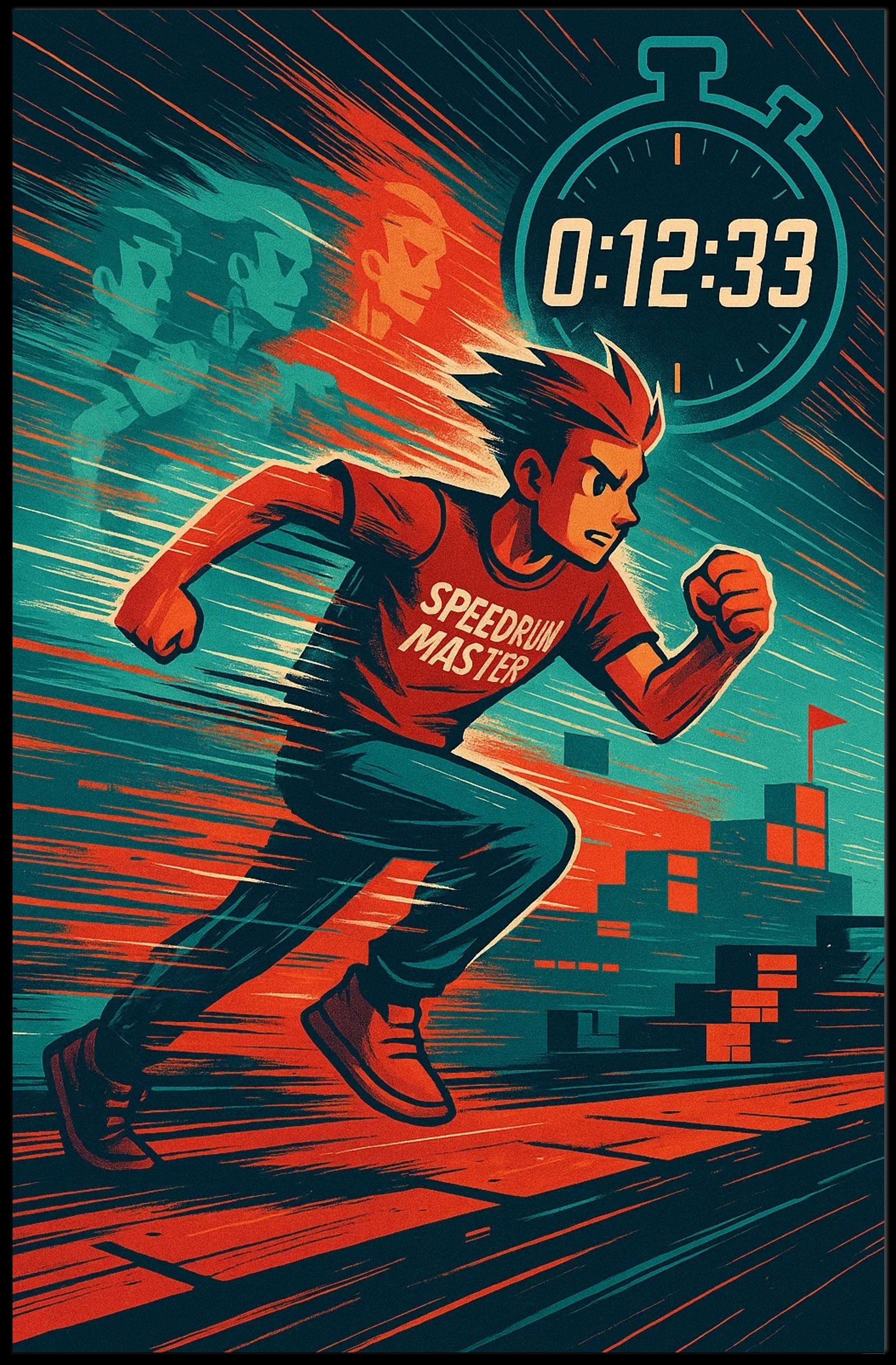 Speedrun Master Character with Stopwatch Pop Culture Poster PosterGoat