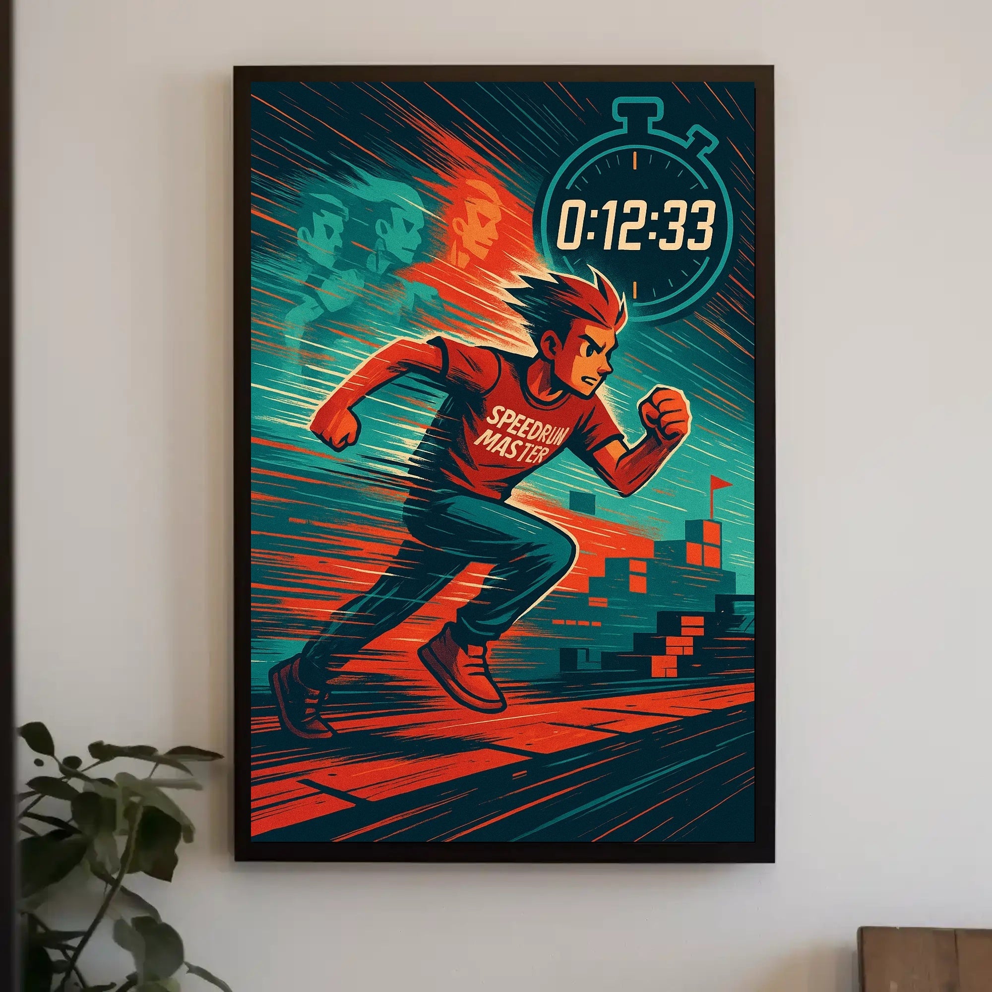 Speedrun Master Character with Stopwatch Pop Culture Poster PosterGoat