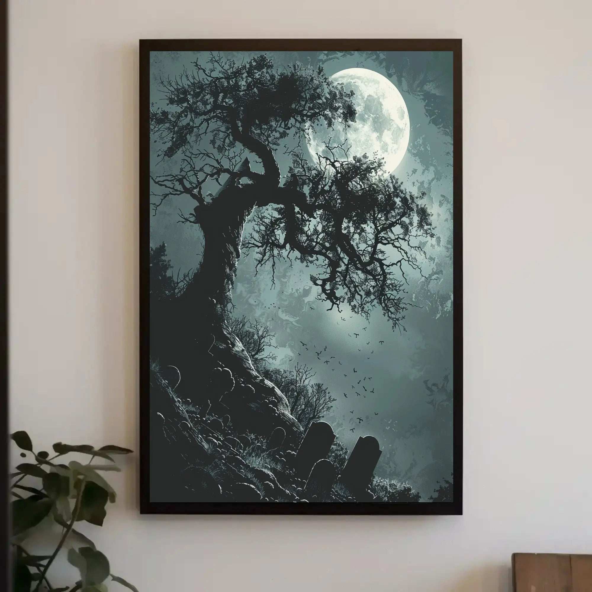 Spooky Graveyard Scene Under Moonlight Artistic Poster PosterGoat