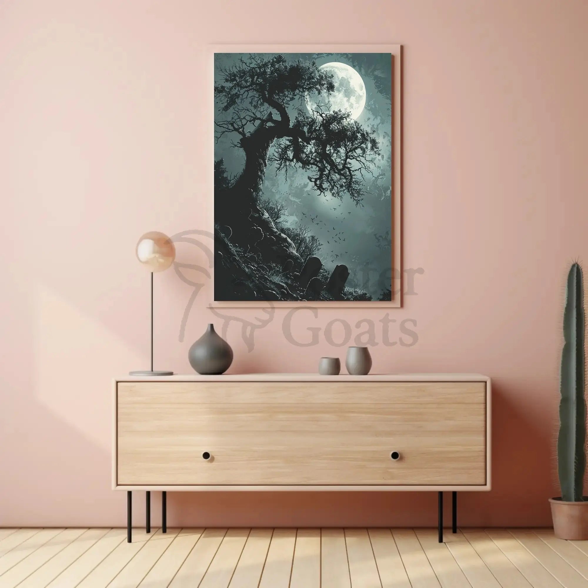 Spooky Graveyard Scene Under Moonlight Artistic Poster PosterGoat