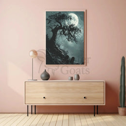 Spooky Graveyard Scene Under Moonlight Artistic Poster PosterGoat