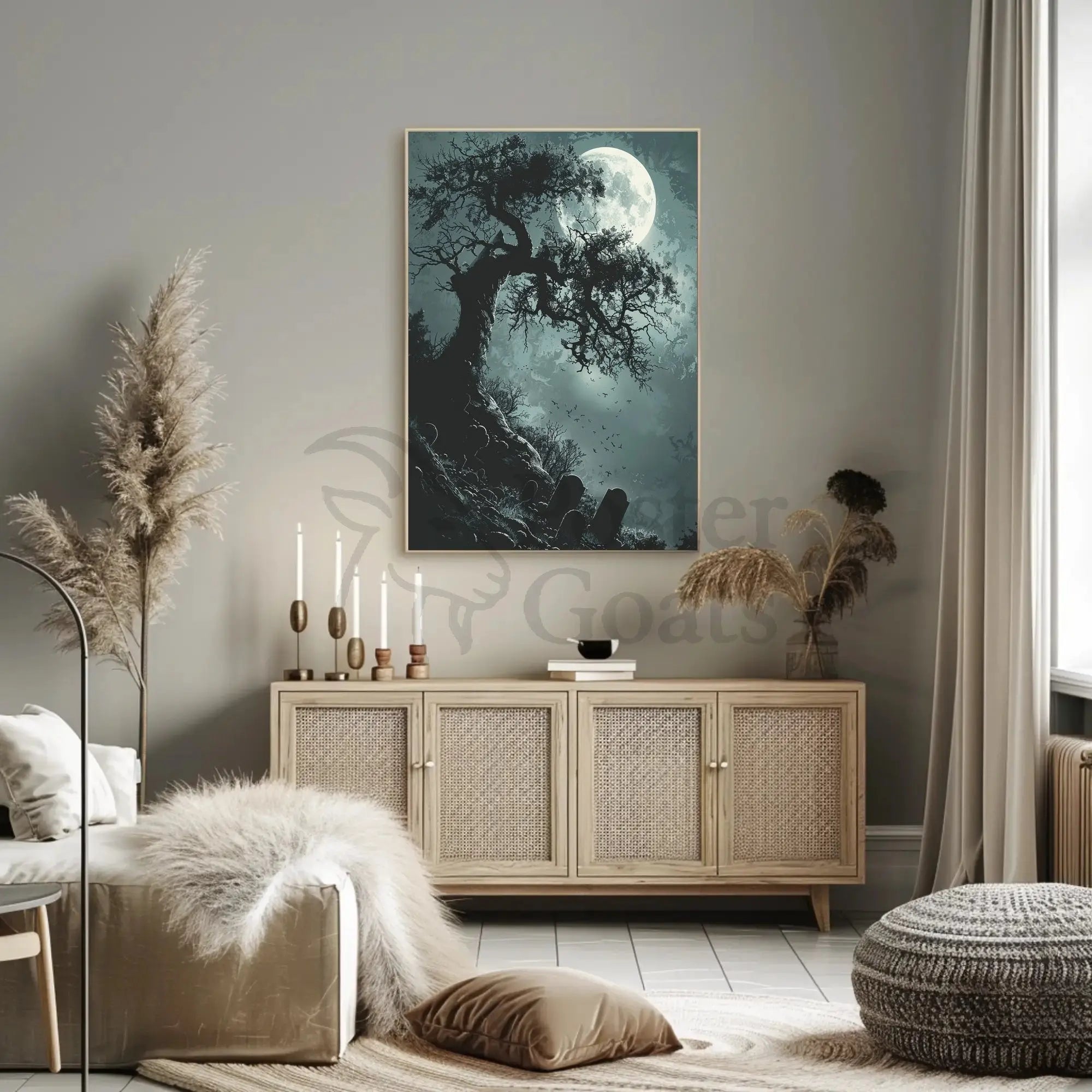 Spooky Graveyard Scene Under Moonlight Artistic Poster PosterGoat