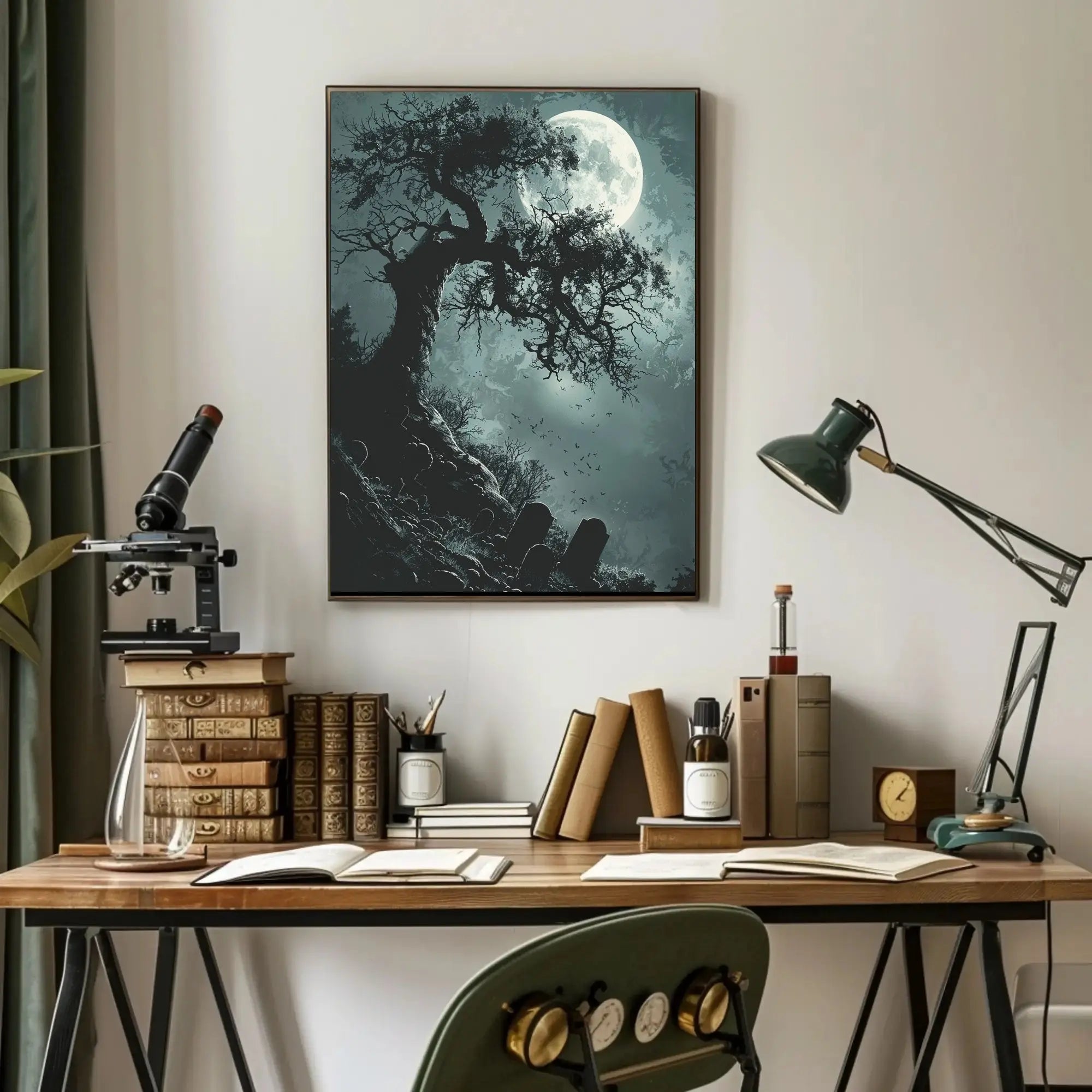 Spooky Graveyard Scene Under Moonlight Artistic Poster PosterGoat