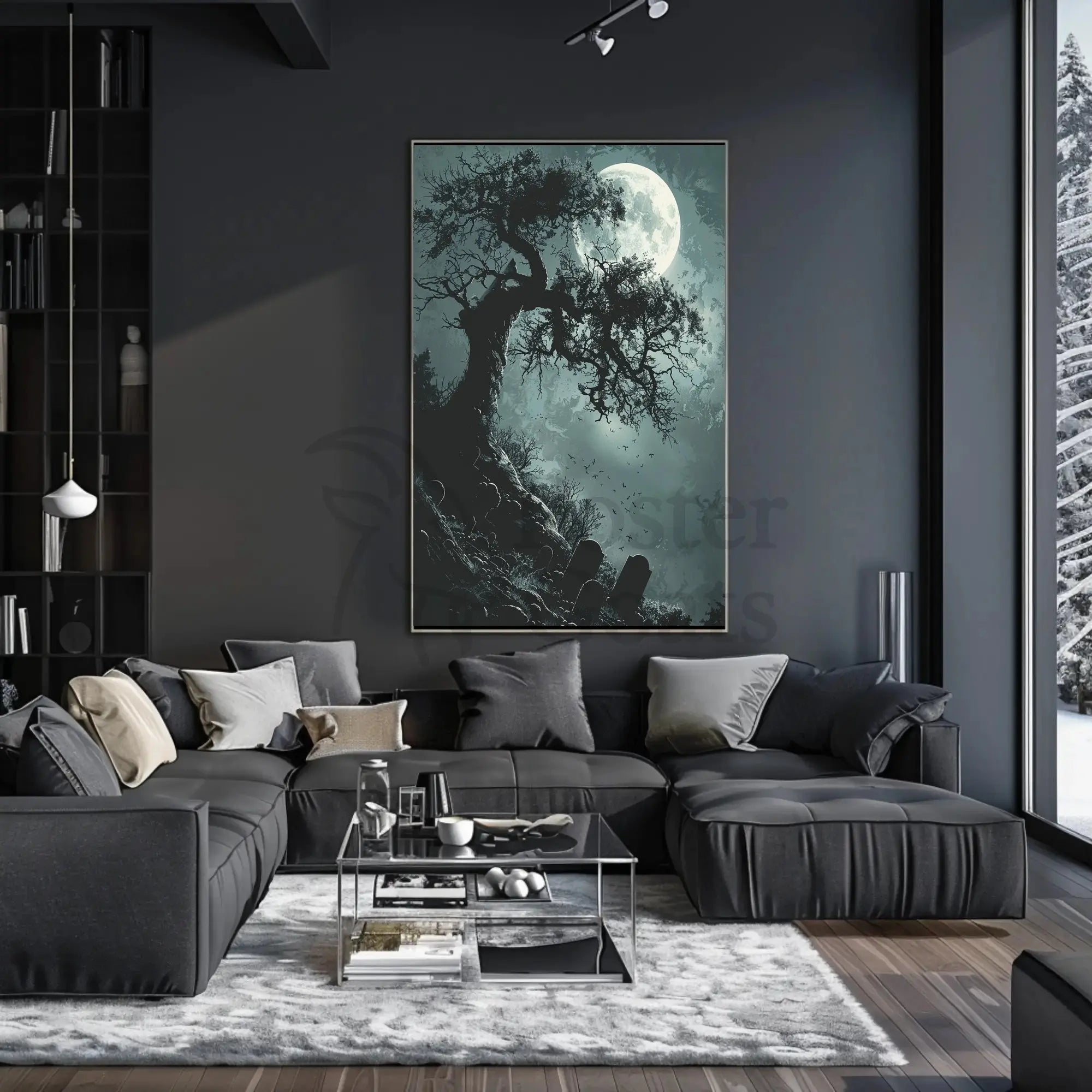 Spooky Graveyard Scene Under Moonlight Artistic Poster PosterGoat