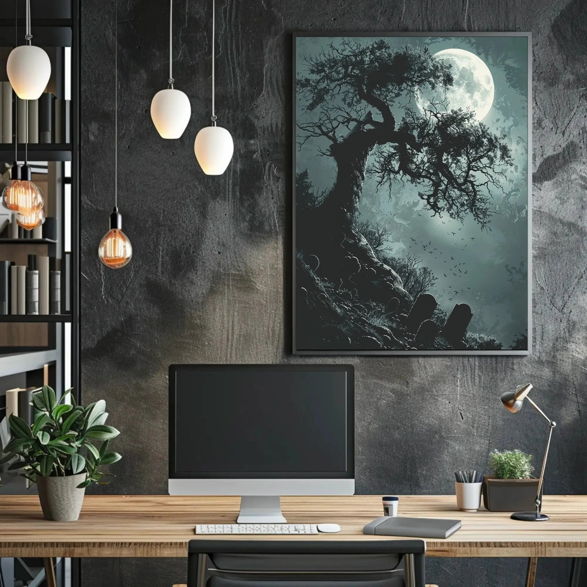 Spooky Graveyard Scene Under Moonlight Artistic Poster PosterGoat