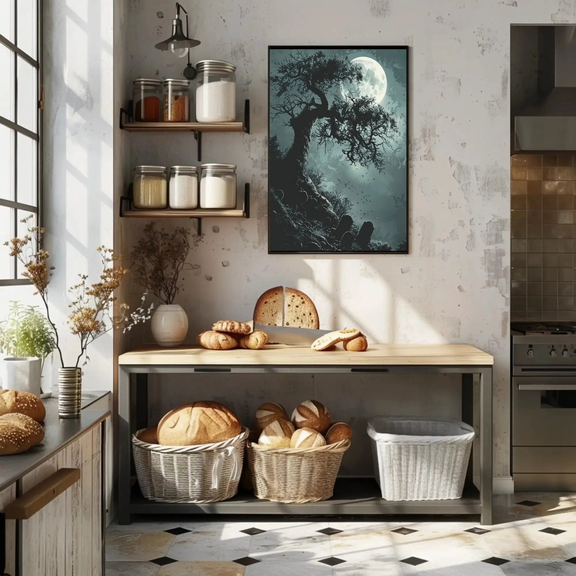 Spooky Graveyard Scene Under Moonlight Artistic Poster PosterGoat